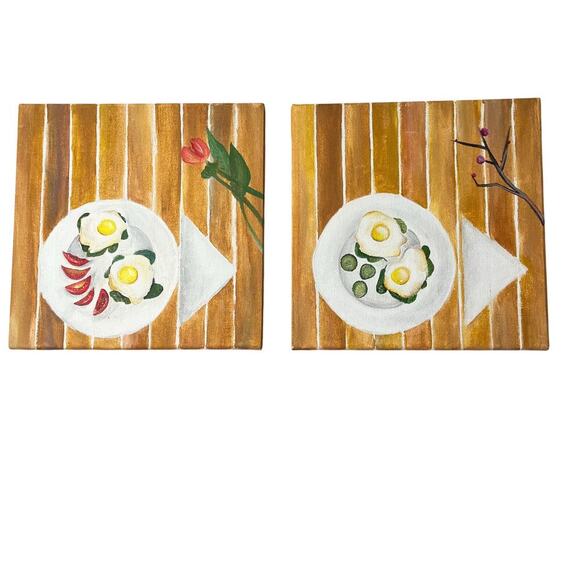 Acrylic Canvas Paintings Breakfast Eggs Sunny Side‎ Set of 2 12X12 Hand Painting - Picture 1 of 12